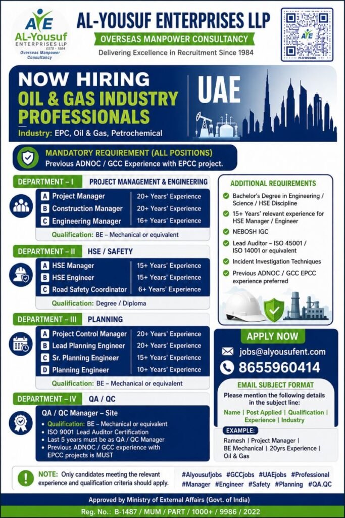 UAE Jobs 2026 – EPC Project Hiring for Managers, Engineers and Safety Professionals