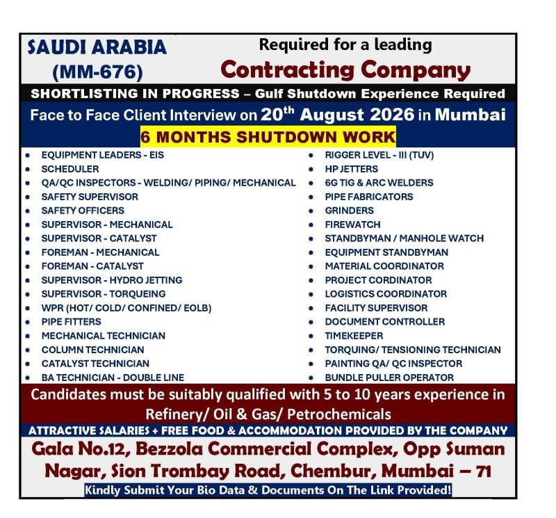 Saudi Arabia Jobs 2026 - 6 Months Shutdown Project