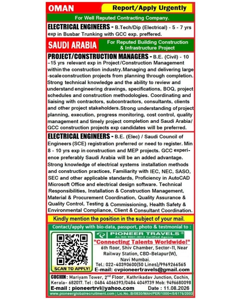 Urgent Recruitment For Oman & Saudi Arabia