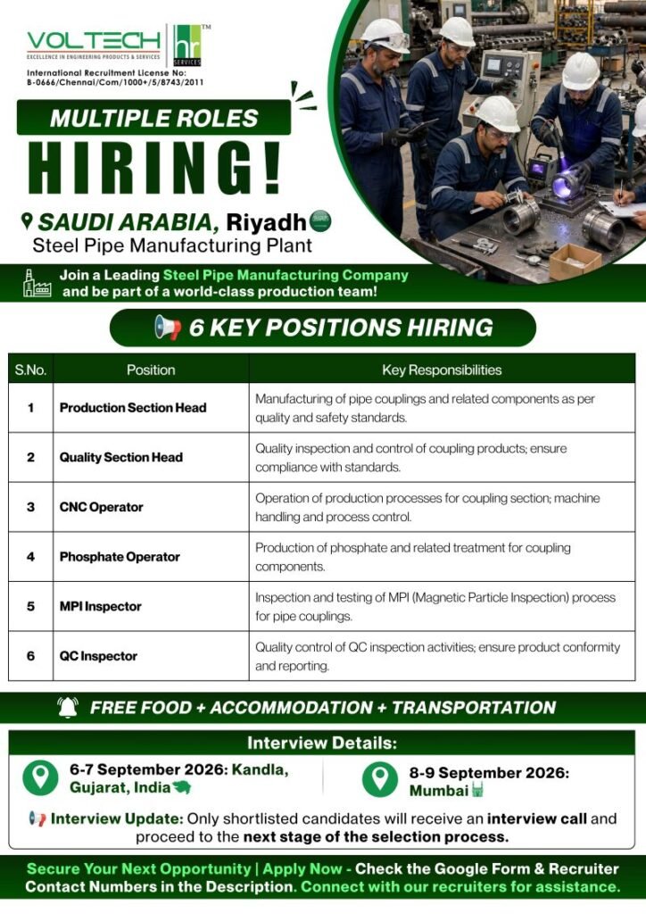 Saudi Arabia Steel Pipe Manufacturing Jobs 2026 – Apply Now Saudi Arabia Steel Pipe Manufacturing Jobs 2026 – Apply Now