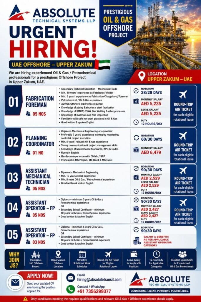 UAE Offshore Jobs 2026 – Urgent Recruitment for Upper Zakum Oil & Gas Project UAE Offshore Jobs 2026 – Urgent Recruitment for Upper Zakum Oil & Gas Project