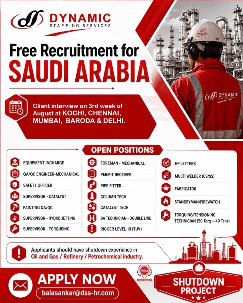 Saudi Arabia Shutdown Jobs 2026 – Free Recruitment for Oil & Gas, Refinery and Petrochemical Projects