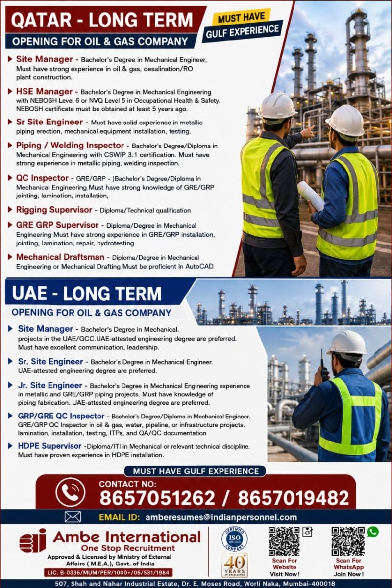 Jobs in UAE & Qatar - Hiring For Oil & Gas Company