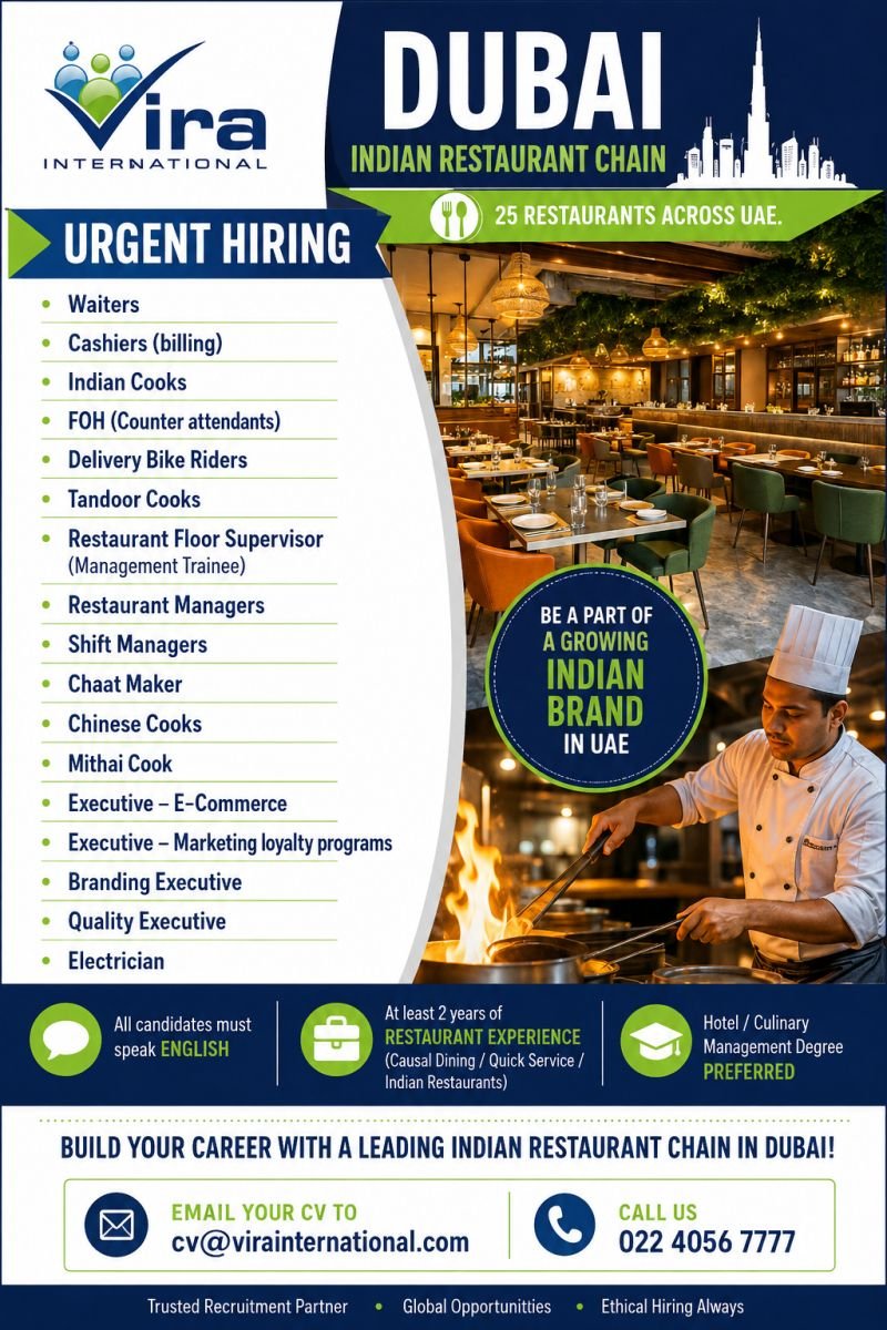 UAE : hiring for a leading Indian Restaurant Chain with 25 locations across the UAE