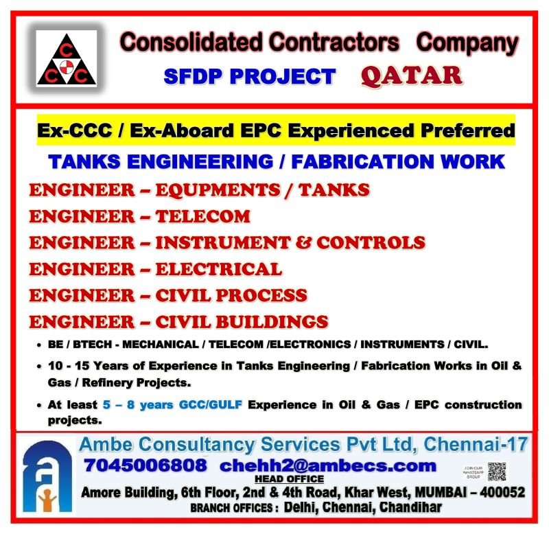 Qatar Jobs 2026 – CCC SFDP Project | Tank Engineering & Fabrication Vacancies