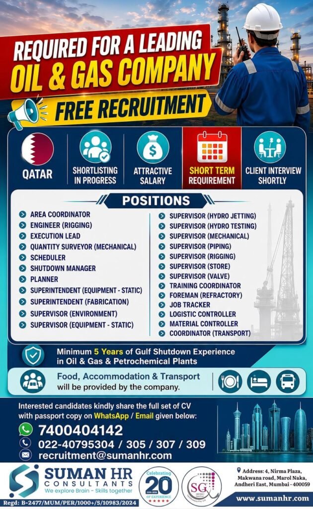 Qatar Oil and Gas Jobs 2026 – Free Recruitment | Multiple Vacancies