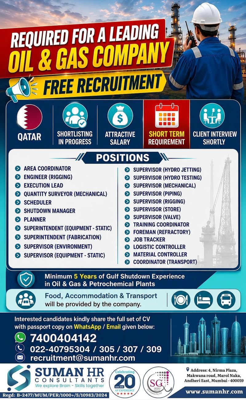 Qatar Oil and Gas Jobs 2026 – Free Recruitment | Multiple Vacancies