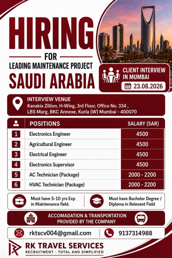 Saudi Arabia : Hiring Urgently For Maintenance Project