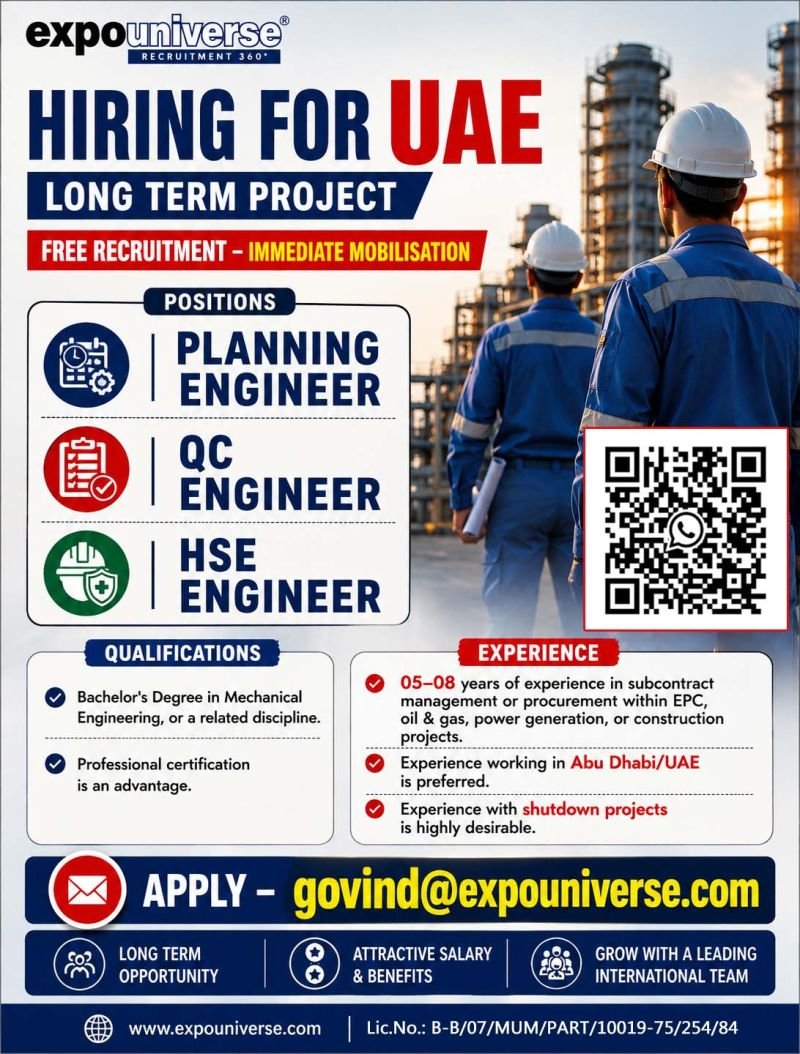 UAE Jobs 2026: Planning Engineer, QC Engineer & HSE Engineer – Long-Term Project