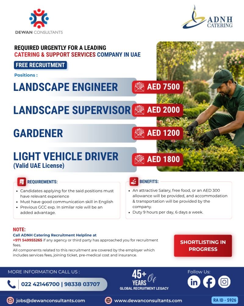 Urgent Recruitment for a Leading Catering and Support Services Company in UAE