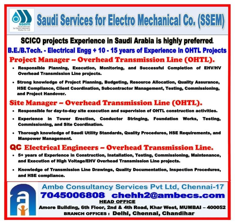 Saudi Arabia Jobs 2026 – Hiring For Saudi Services for Electro Mechanical Co. (SSEM)