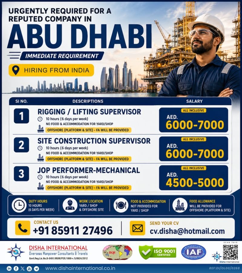 UAE Abu Dhabi Jobs 2026 – Rigging Supervisor, Construction Supervisor & Mechanical Jobs