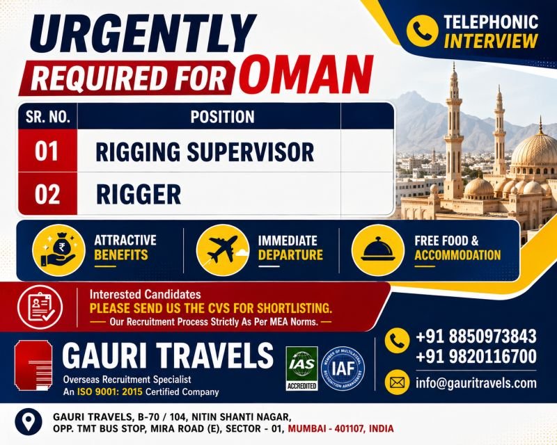 Oman Jobs 2026 – Rigging Supervisor & Rigger Vacancies Oman Jobs 2026 – Rigging Supervisor & Rigger Vacancies