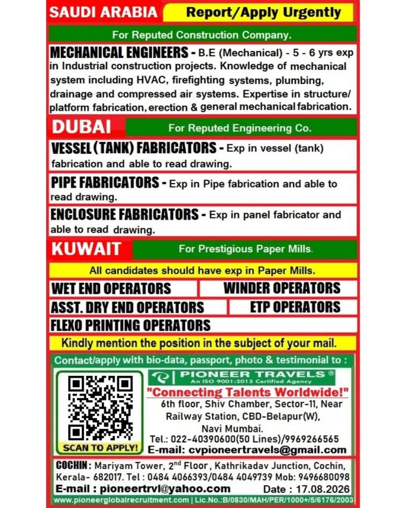 Urgent Hiring For Saudi Arabia, Dubai & Kuwait
