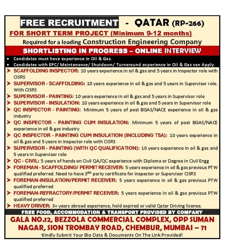 Qatar Construction Jobs 2026 – Free Recruitment | Apply Now