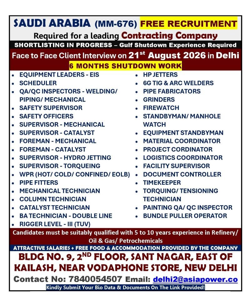 Saudi Arabia Shutdown Jobs 2026 – Free Recruitment for Refinery & Oil and Gas Projects