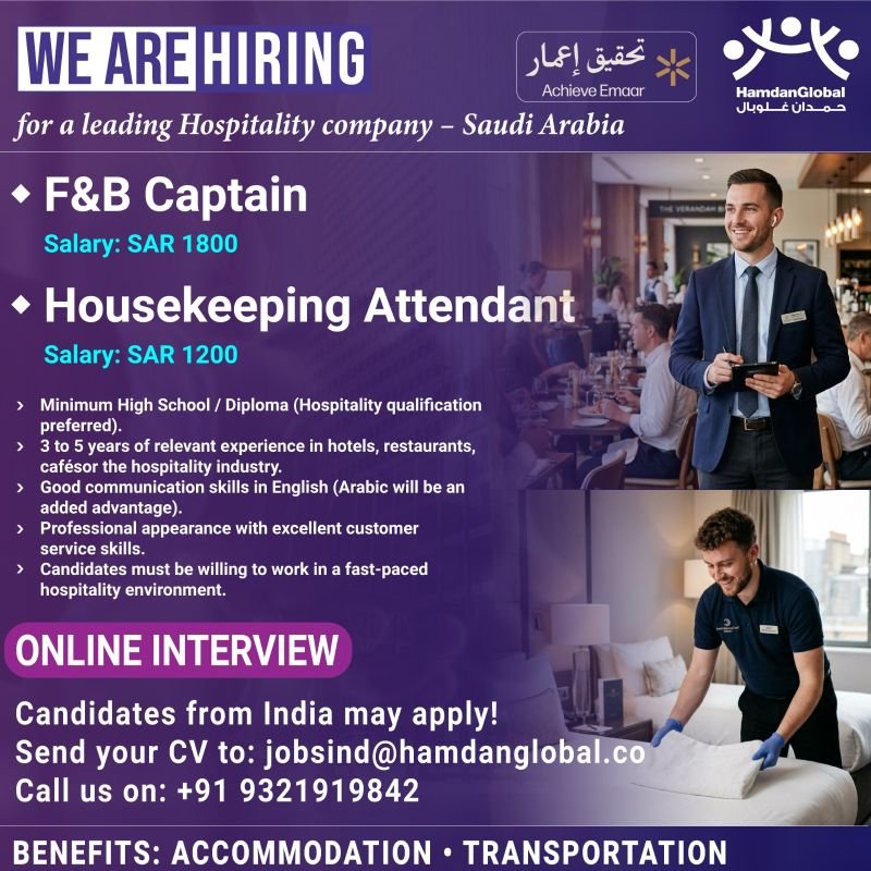 hiring for a leading Hospitality company - Saudi Arabia