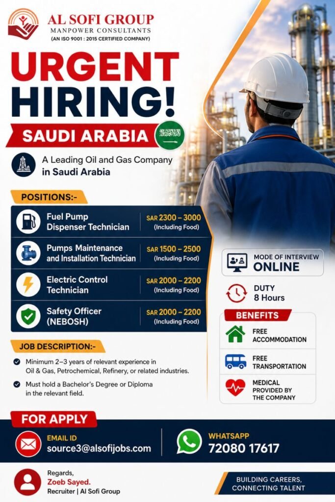 Saudi Arabia Oil and Gas Jobs 2026 – Urgent Hiring for Technicians & Safety Officer