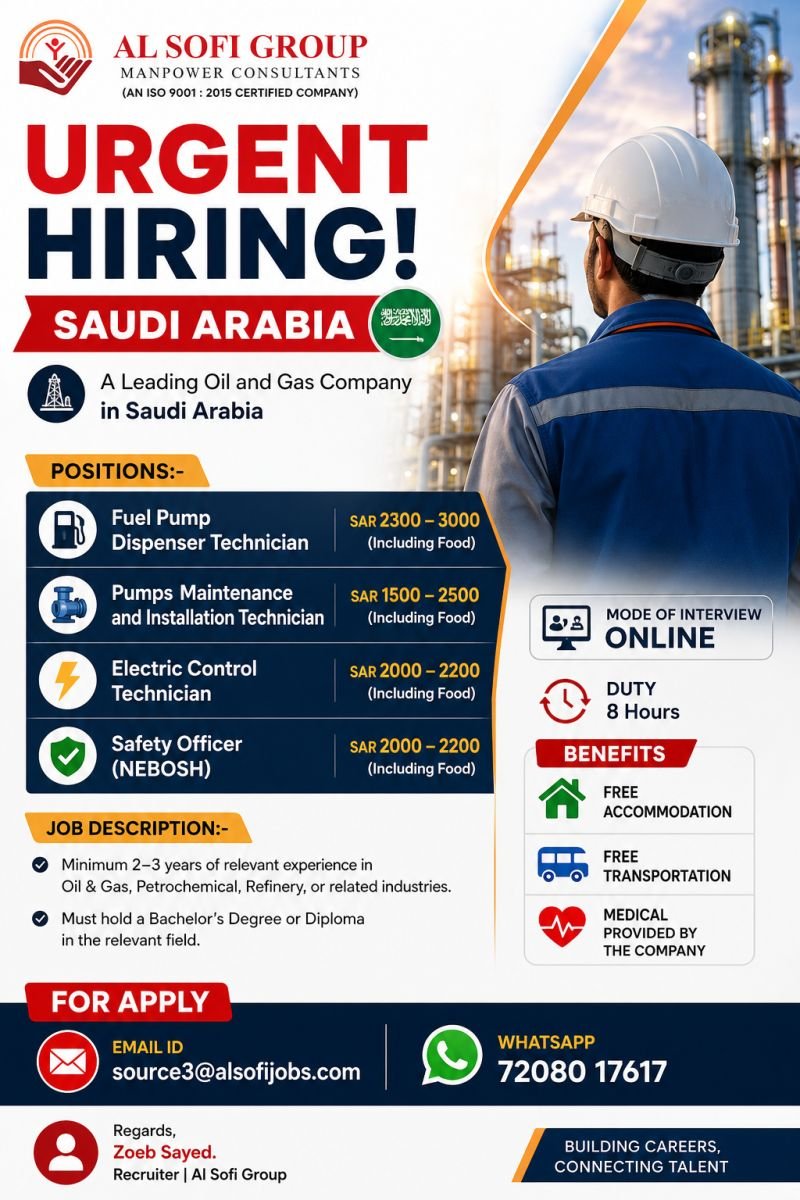 Saudi Arabia Oil and Gas Jobs 2026 – Urgent Hiring for Technicians & Safety Officer