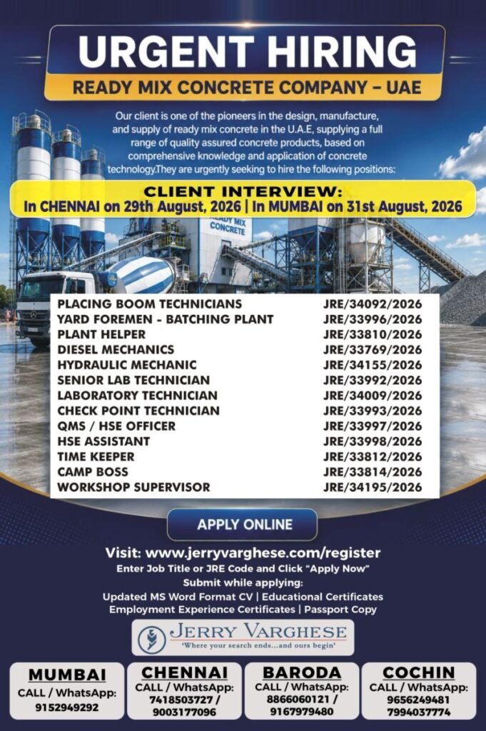 Urgently Hiring  For Ready Mix Concrete Company in UAE