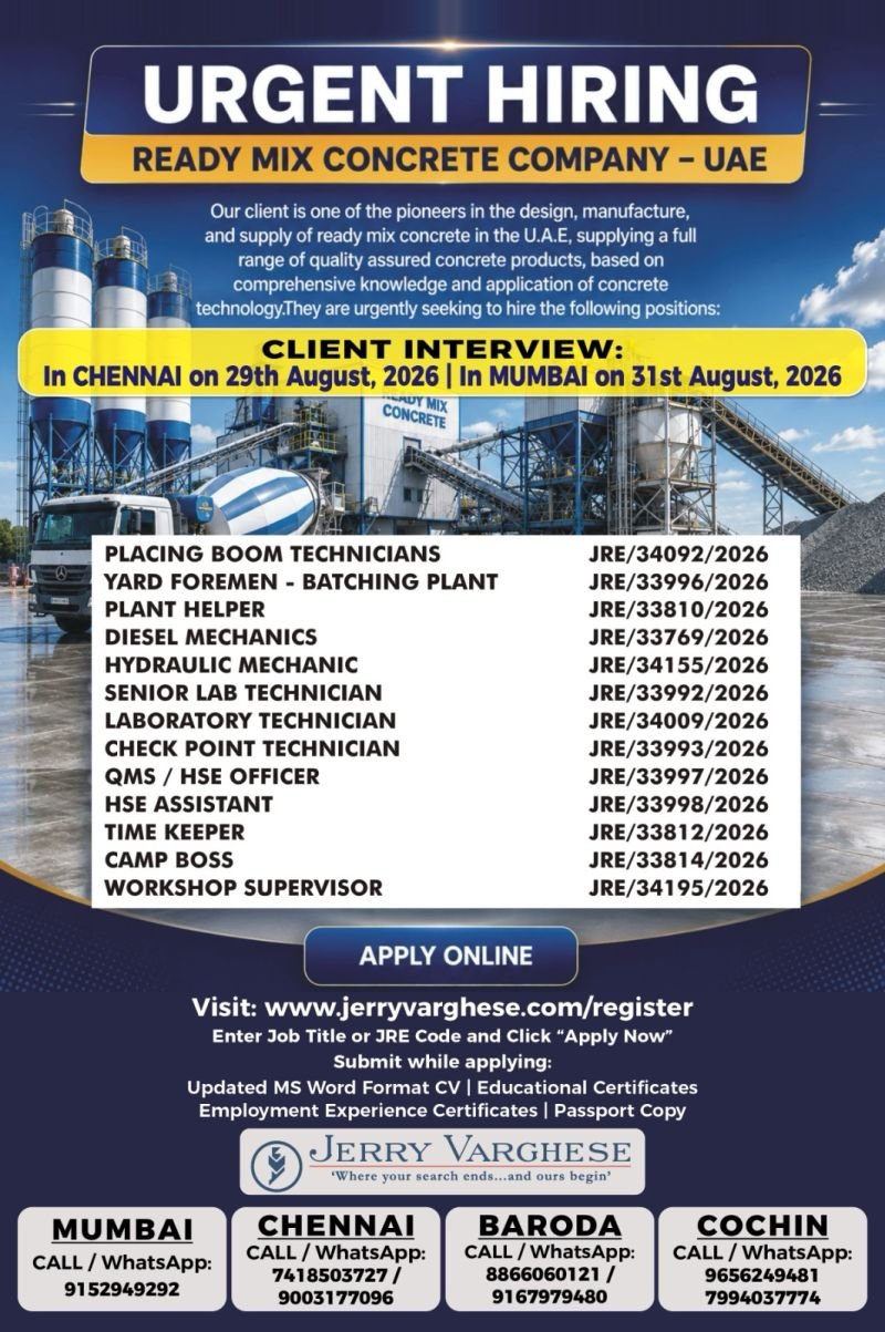 Urgently Hiring  For Ready Mix Concrete Company in UAE