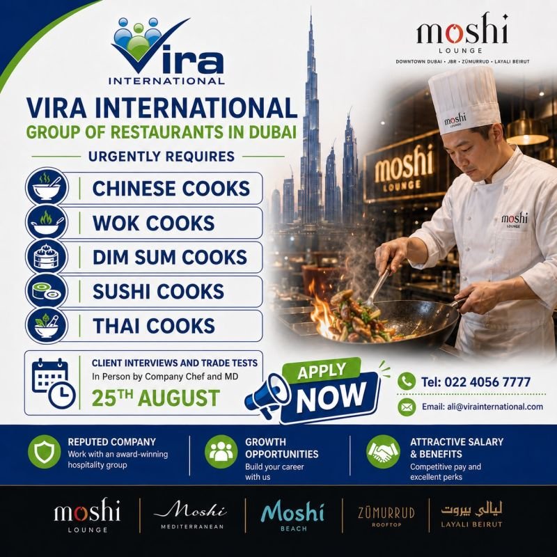 UAE - hiring skilled chefs and cooks for leading restaurant groups in Dubai, including Moshi Lounge, Zümurrud, and Layali Beirut.