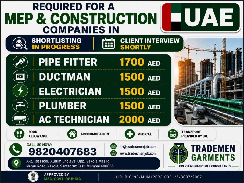 UAE Jobs 2026 – MEP & Construction Company Vacancies 