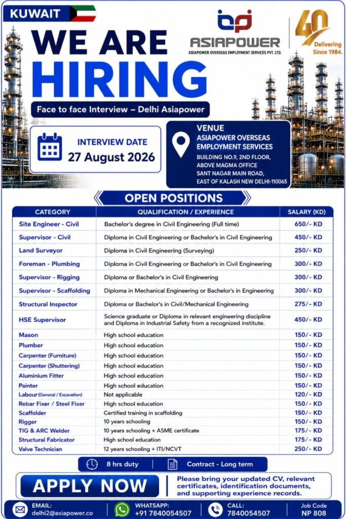 Kuwait Jobs 2026 – Free Recruitment for Civil, Plumbing, Scaffolding & Welding Positions