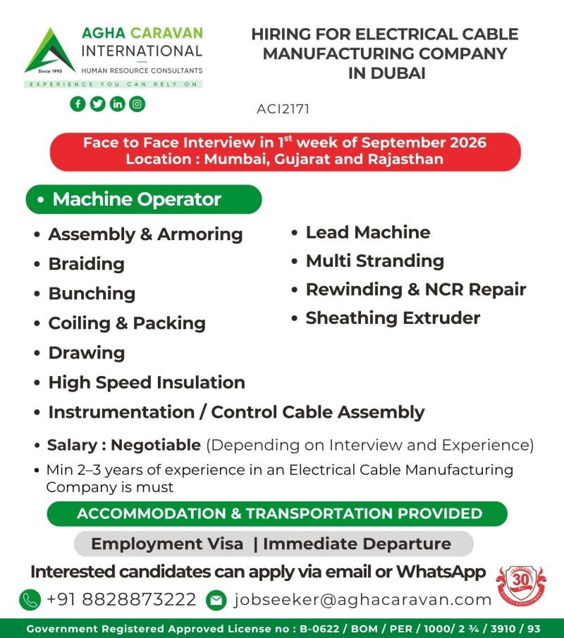 Dubai Electrical Cable Manufacturing Jobs 2026 – Apply Now