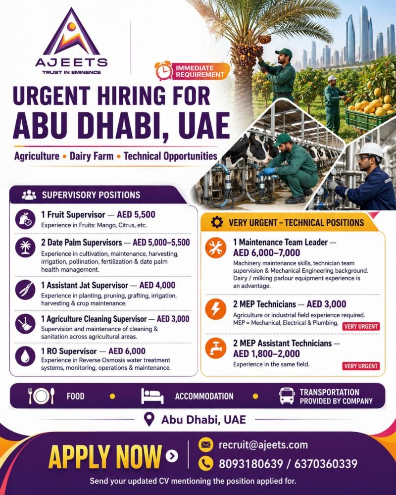Abu Dhabi Jobs 2026 – Urgent Hiring for Agriculture, Dairy Farm & Technical Positions