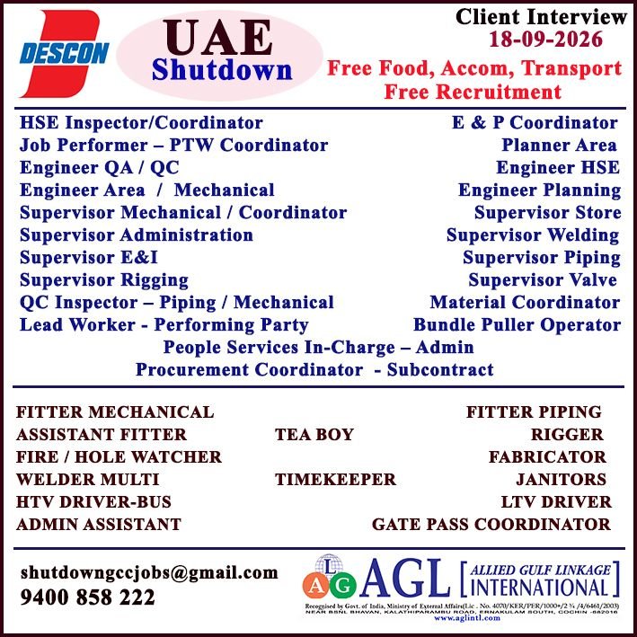 UAE DESCON Shutdown Project Jobs 2026 – Apply Today