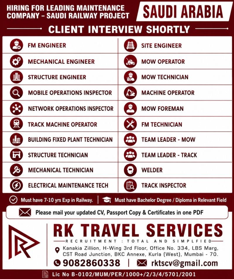 Saudi Arabia Railway Jobs 2026 – Maintenance Company Hiring for Saudi Railway Project