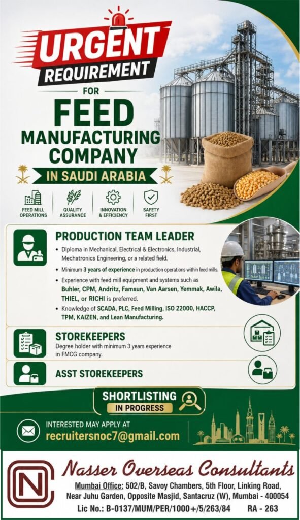 Saudi Arabia Recruitment 2026 – Feed Manufacturing Company Jobs