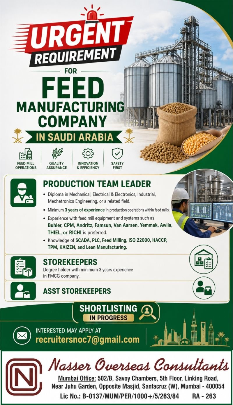 Saudi Arabia Recruitment 2026 – Feed Manufacturing Company Jobs