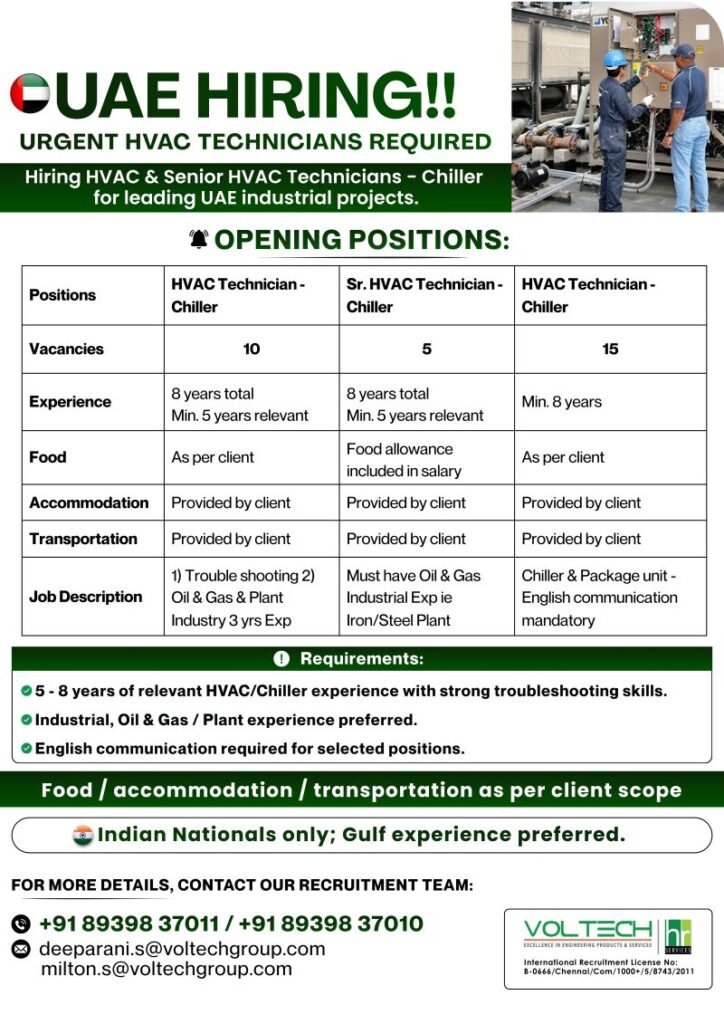 UAE Hiring 2026 – Urgent HVAC Technician & Senior HVAC Technician Jobs