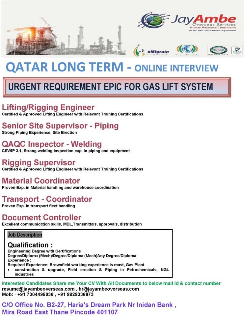 Qatar Jobs 2026: Urgent EPIC Gas Lift System Vacancies – Apply Online