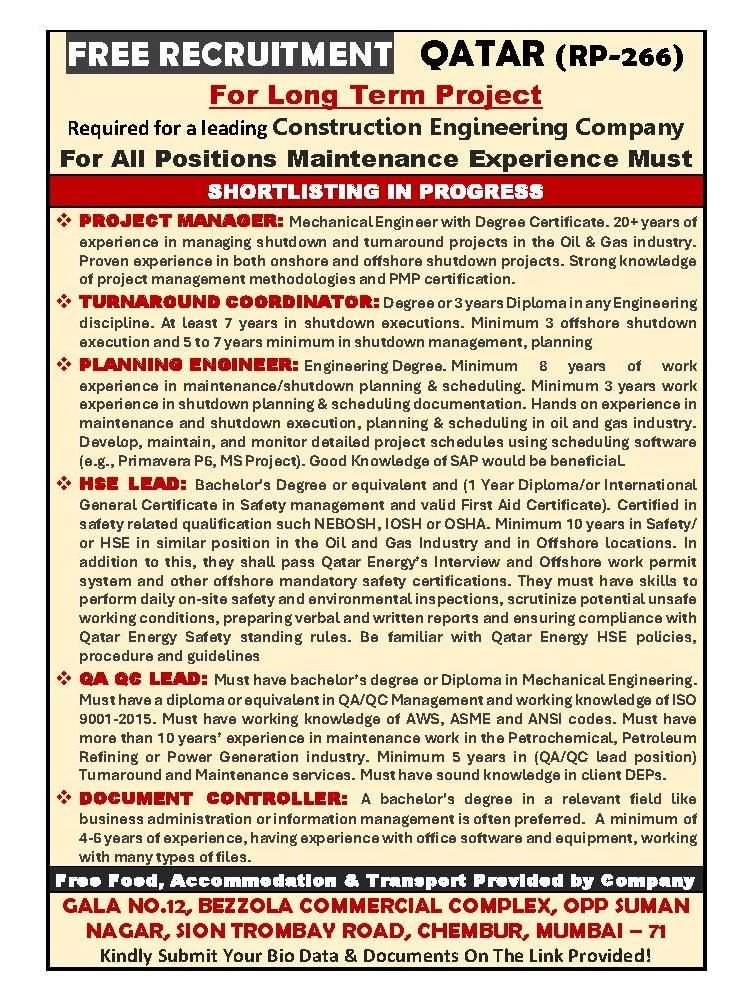 Qatar Jobs 2026 – Long-Term Project Recruitment for Oil & Gas Professionals