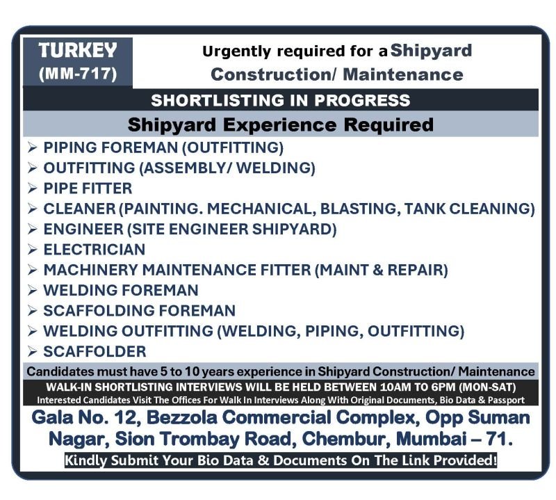 Turkey Shipyard Jobs 2026 – Urgent Recruitment for Construction & Maintenance