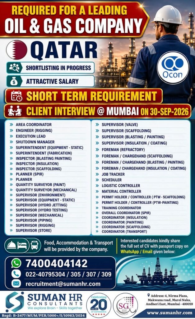 Qatar QCON Jobs 2026 – Short-Term Oil & Gas Project Recruitment Qatar QCON Jobs 2026 – Short-Term Oil & Gas Project Recruitment
