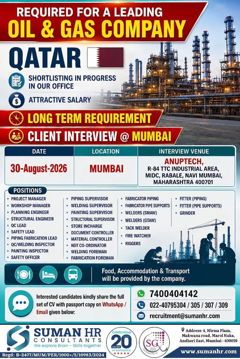 Qatar Oil & Gas Jobs 2026 – 30 August Interview 