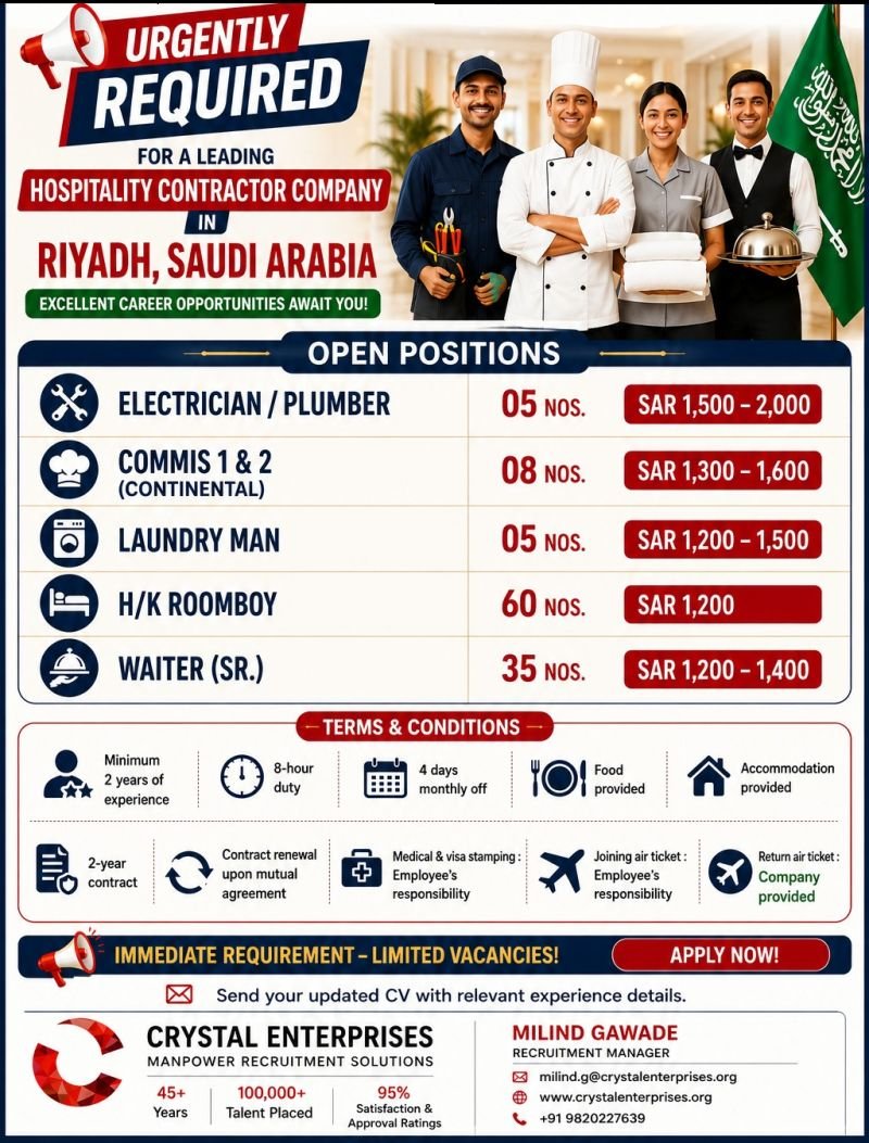 Saudi Arabia Jobs 2026: 113 Hospitality Vacancies in Riyadh with Food and Accommodation