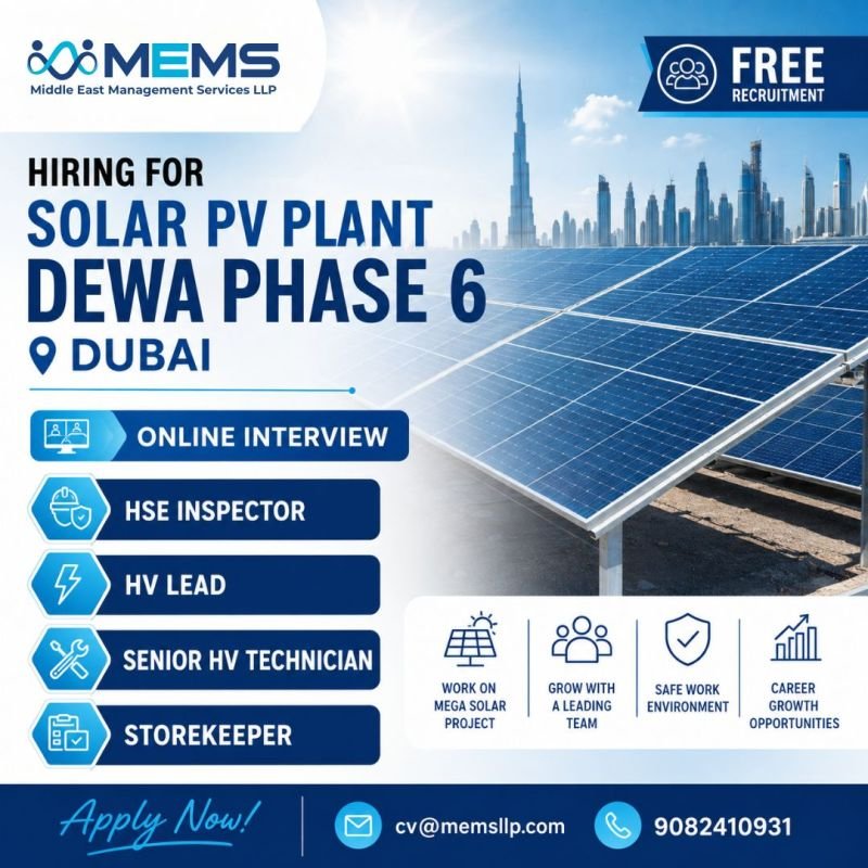 Hiring for Solar PV Plant – DEWA Phase 6, Dubai