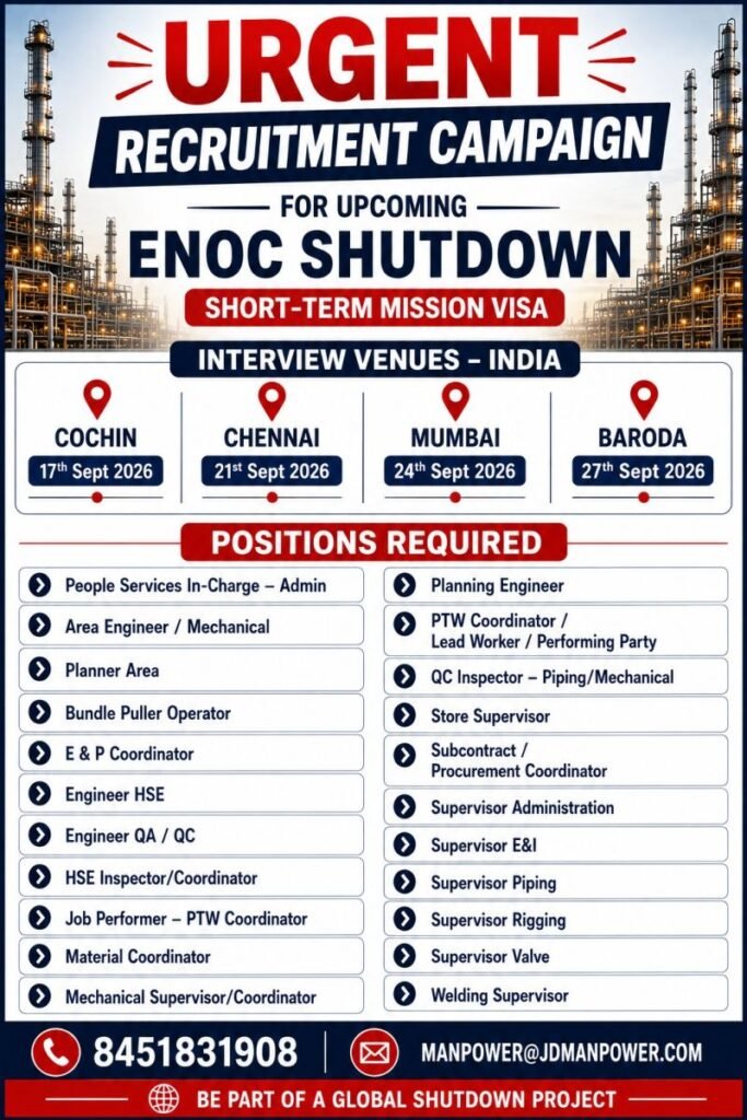 ENOC Shutdown Recruitment 2026 – Urgent Job Vacancies in UAE