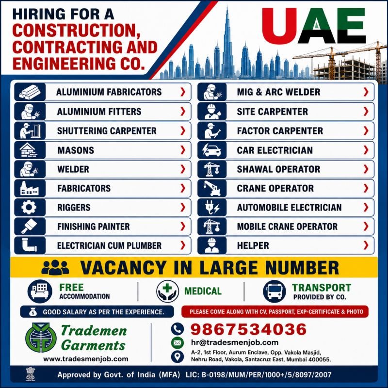 UAE Jobs 2026 – Construction, Contracting & Engineering Company Hiring in Large Numbers
