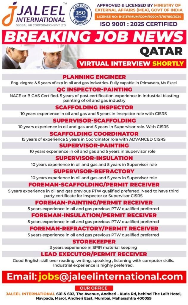 Qatar Jobs 2026 – Urgent Oil & Gas Vacancies with Virtual Interview