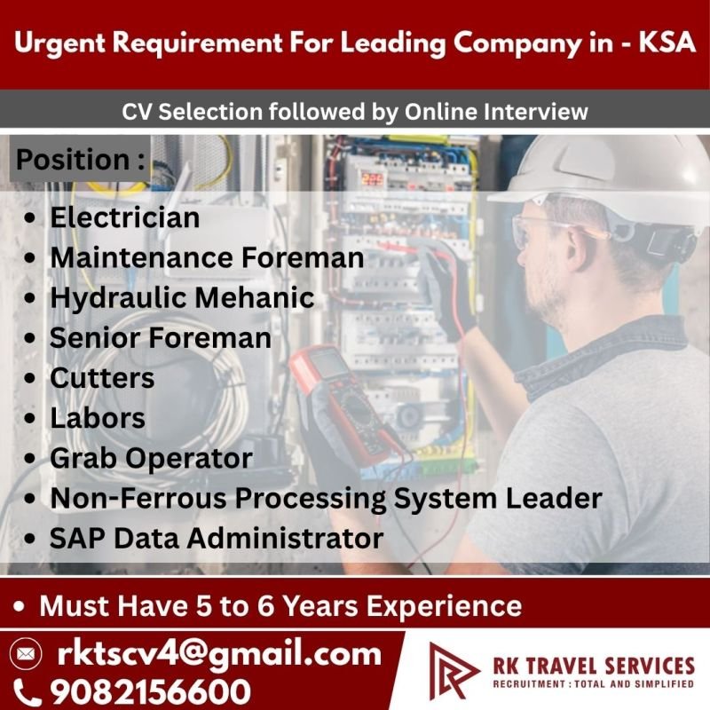 Hiring For a leading company in Saudi Arabia (KSA) Hiring For a leading company in Saudi Arabia (KSA)