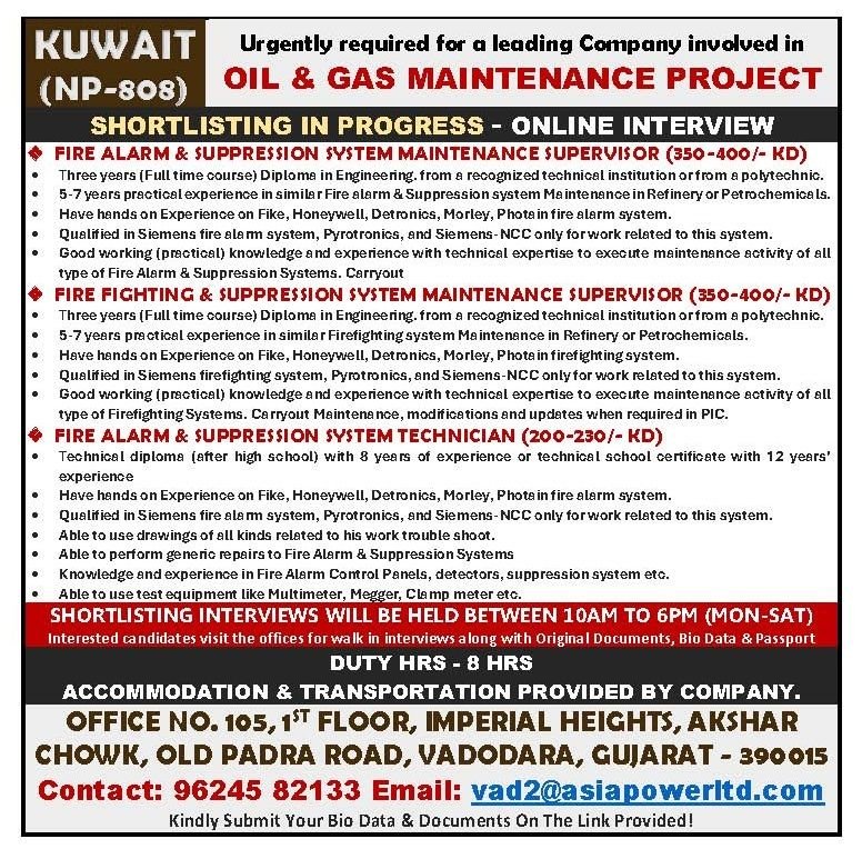 Kuwait Jobs 2026: Oil & Gas Maintenance Project Vacancies for Fire Alarm & Suppression Professionals