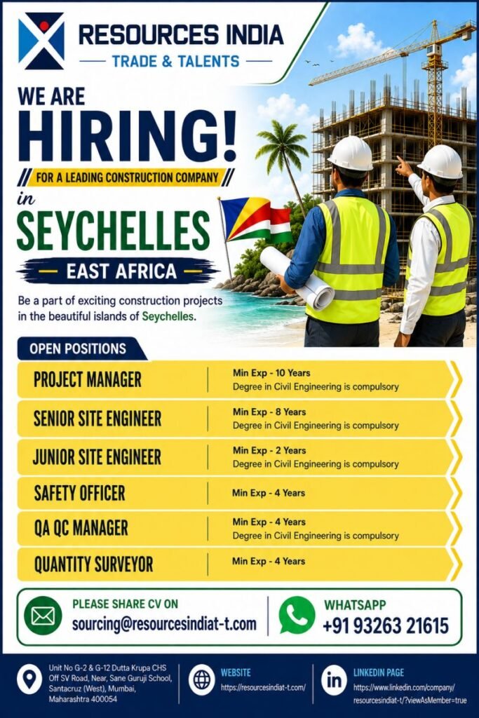 Seychelles Construction Jobs 2026 – Hiring Project Managers, Site Engineers, Safety Officers & More