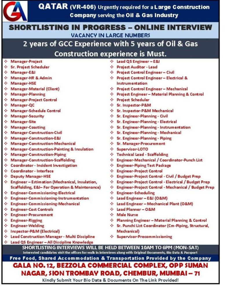 Qatar Jobs 2026: Large Number of Oil & Gas Construction Vacancies | Online Interview