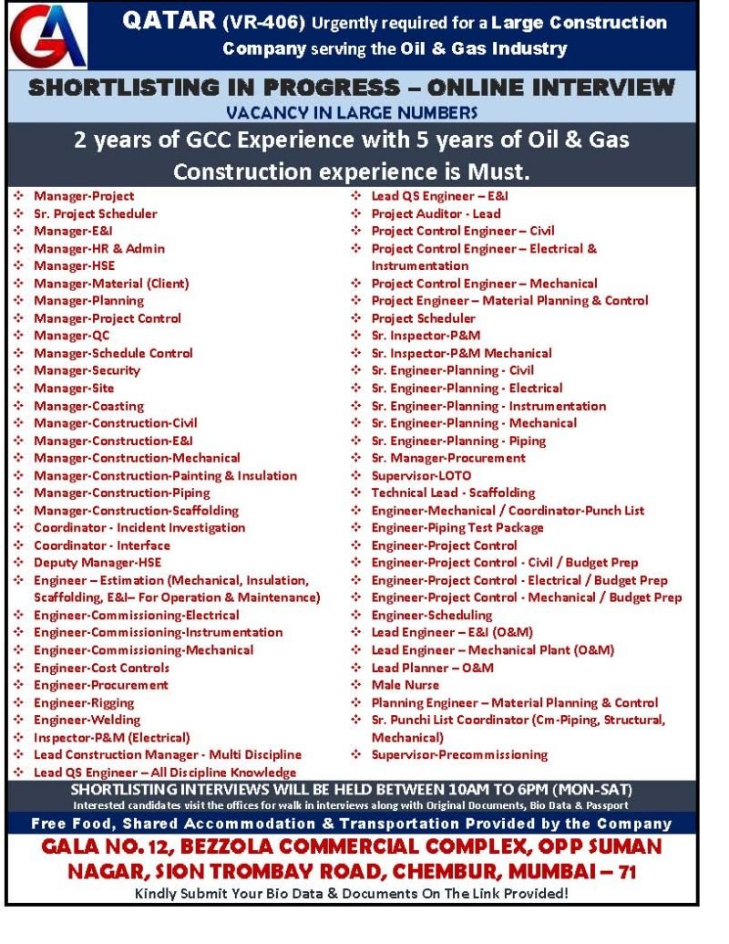 Qatar Jobs 2026: Large Number of Oil & Gas Construction Vacancies | Online Interview